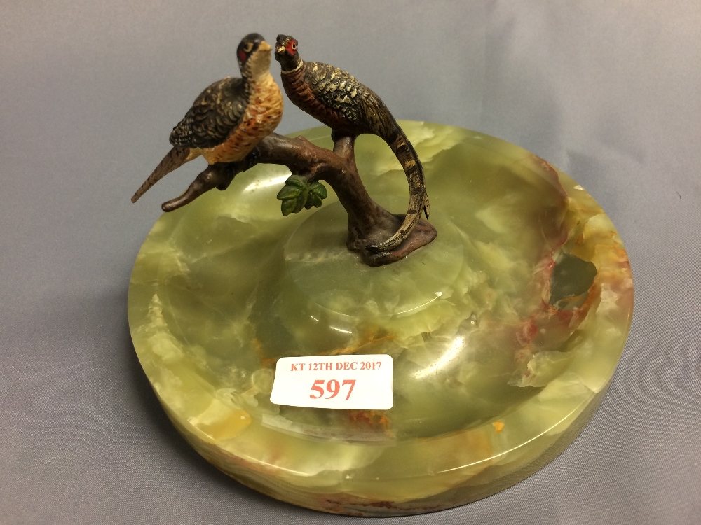 Cold painted, bronze style 2 cock pheasants on onyx tray