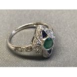 18 carat white gold, diamond, sapphire and emerald cluster ring, size O, 3.5g