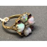 Opal, diamond and ruby cluster ring set in yellow metal, size M, 5.5g