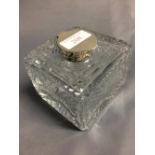 Large glass cube inkwell with hallmarked silver hinged top