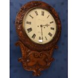 Unusual chiming Victorian carved oak wall clock, Hirst Bros. Leeds, 30cm Diam dial, in working