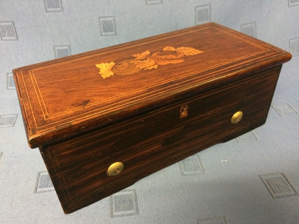 Inlaid rosewood cased musical box, the cylinder 15cmL, frame stamped 13900, the case 31cmL, restored