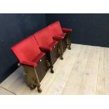 Block of 3 vintage theatre seats, upholstered in red velour with cast iron sides