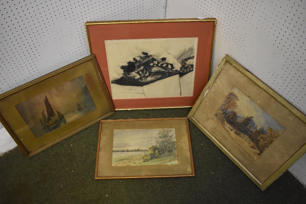 Three various watercolours, Abstract figure study in charcoal, A Country Cottage with Mountainous - Image 9 of 17