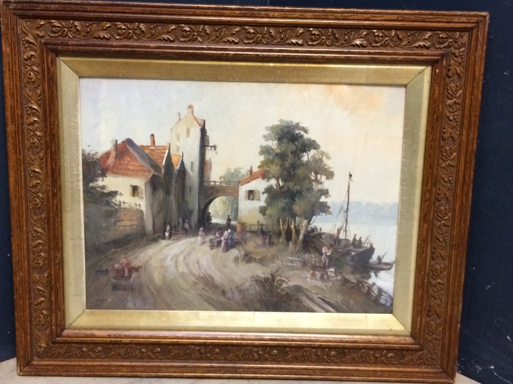 Oil painting of tranquil Continental village by a river with figures in the foreground, in a