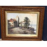 Oil painting of tranquil Continental village by a river with figures in the foreground, in a