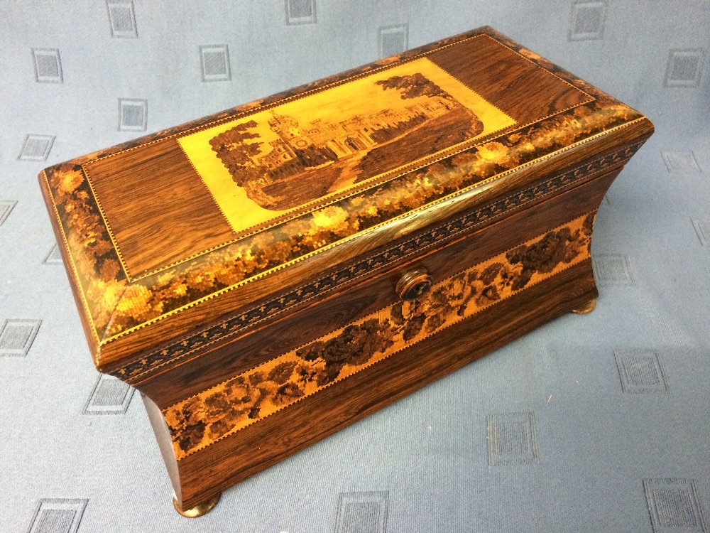 Fine quality Tunbridge ware rosewood tea caddy, the rising lid enclosing a bowl flanked by a pair of