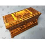 Fine quality Tunbridge ware rosewood tea caddy, the rising lid enclosing a bowl flanked by a pair of