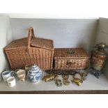 Qty of china, brasswares & picnic baskets (1 labelled Land Rover) incl. Clarice Cliff, musical vase,