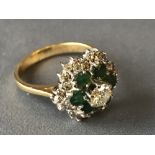 18 carat yellow gold, emerald and diamond cluster ring