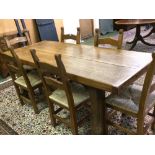 Country house style solid oak top dining table with set of 6 oak & rush seated dining chairs
