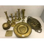 Qty of various brass items, candlesticks, charger etc.
