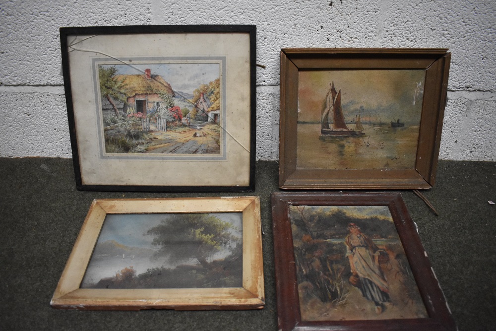 Three various watercolours, Abstract figure study in charcoal, A Country Cottage with Mountainous