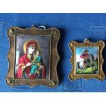2 antique enamelled and hand painted icons in brass frames
