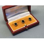 Set of 3, 9 carat gold and onyx dress studs in original case, 3.5g