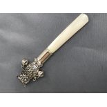 Silver owl shaped baby's rattle with mother of pearl handle