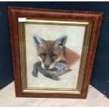 A dark wood veneer framed oil painting of a Wildlife study of a fox and game bird, 41x31cm