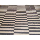 Contemporary flat weave rug with black and oatmeal coloured stripes, 2.84x2.02 metres