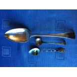 Georgian hallmarked silver table spoon, Georgian silver shell bowl salt spoon & Egyptian gilt enamel