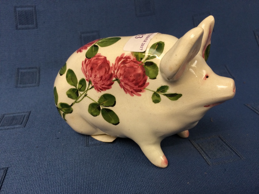 Wemyss Bovey Tracey Piglet painted by Joseph Nekola with red clover script mark in green Wemyss ware