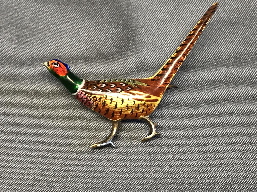 Antique enamel cock pheasant brooch, 6g