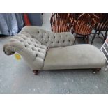 Victorian button back chaise longue on turned mahogany legs to brass castors 60x160cm