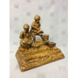 Victorian bronze figure group desk ink stand, 23cmW