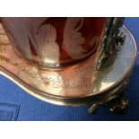 Good Victorian silver plated centre piece decanter stand (engraved) of 3 etched red glass
