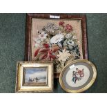 Framed tapestry, small oval framed and glazed tapestry & small oil painting