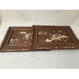 Pair of Chinese carved wooden panels, with mother of pearl inlay, depicting figures in a Chinese
