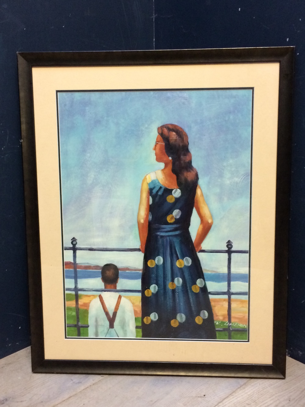 Modern School oil painting, portrait of a couple on an esplanade gazing at the sea, in a studio