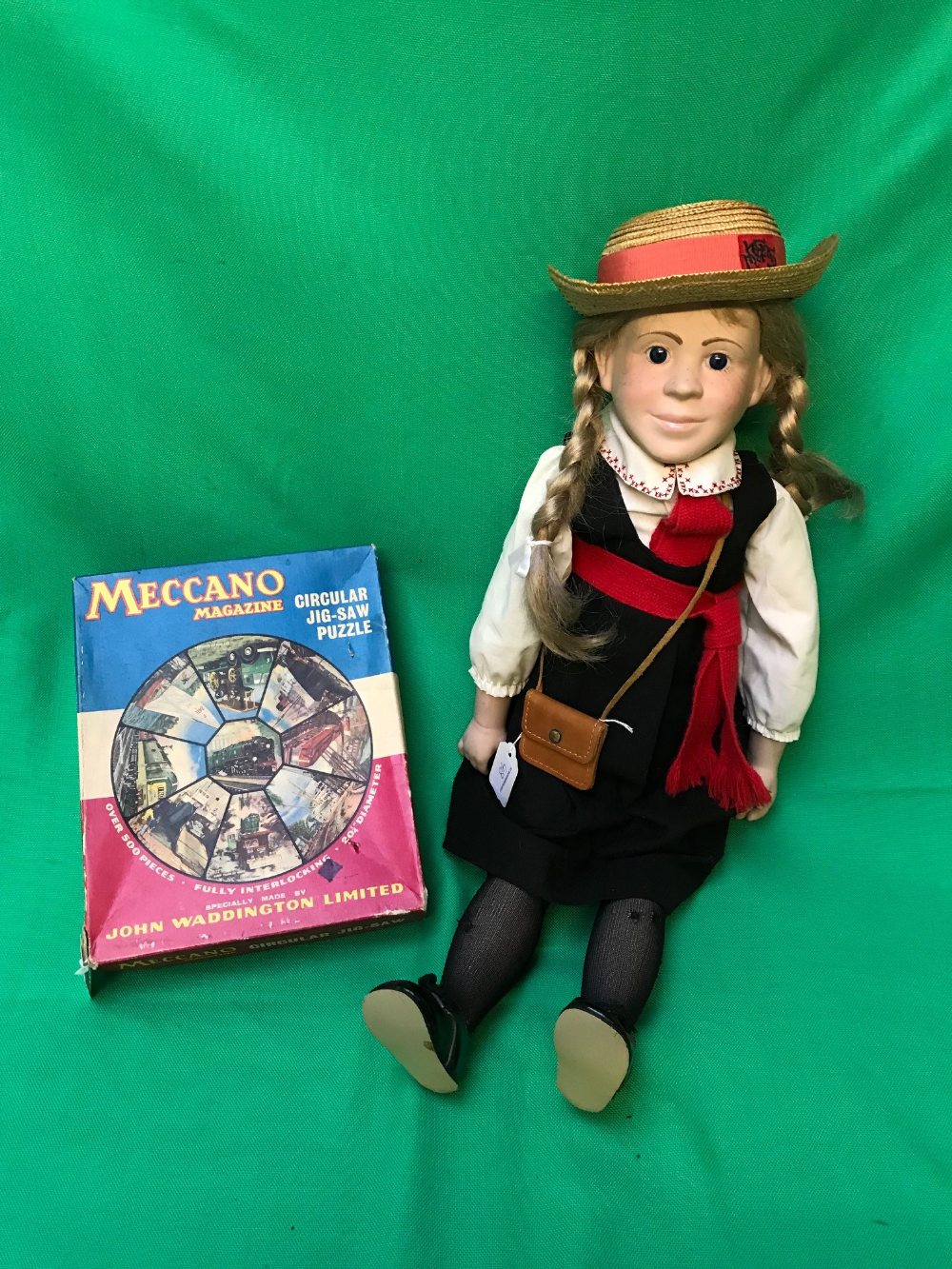 Meccano circular jigsaw puzzle & doll with makers mark to back of neck, England