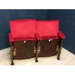 Pair of vintage theatre seats, upholstered in red velour with cast iron sides