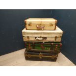 2 vintage metal bound travelling trunks with old luggage labels & 2 vellum suitcases (one made in