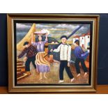 Oil painting, Basque fisher folk on a quayside, signed, in light wood & gilt frame, 49.5x60cm