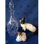 Beswick figure of a Siamese cat, a Beswick Beatrix Potter Hunca Munca figure & a cut glass decanter