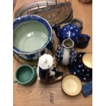 Qty of ceramics, brass hook rack & 5 pewter dishes ETAIN FIN etc. 2 cushions & qty of various