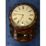 Victorian rosewood, set with Mother of pearl, wall clock, 30cmDiam dial, in working order