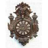 Austrian Black Forest carved oak wall clock with carved boar's head & hung game birds,