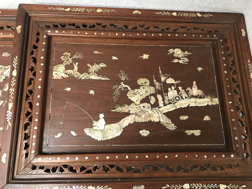 Pair of Chinese carved wooden panels, with mother of pearl inlay, depicting figures in a Chinese - Image 2 of 3