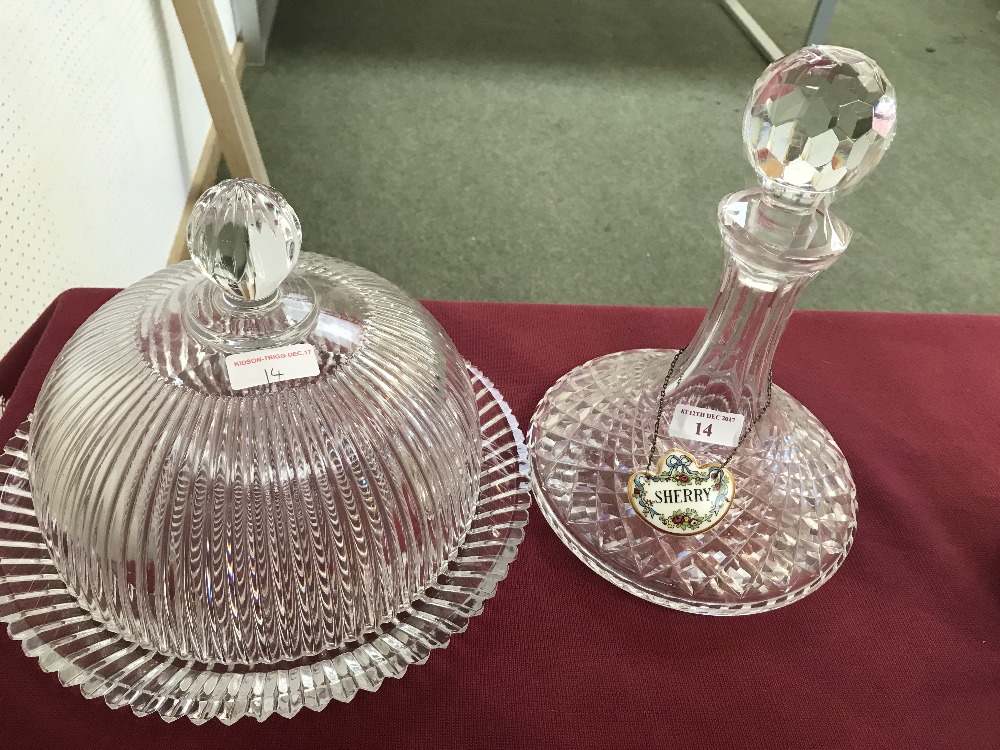 Cut glass decanter with Coalport sherry label & cut glass cake dish