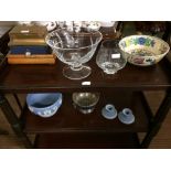 Wedgwood bowl & a pair of Wedgwood candlesticks, Masons ironstone bowl, glassware etc and part