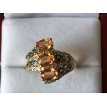 14 carat yellow gold, citrine, diamond and sapphire ring