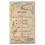 'Bodyline'. Surrey C.C.C. 1932. Official folding menu for the dinner given to D.R. Jardine and F.