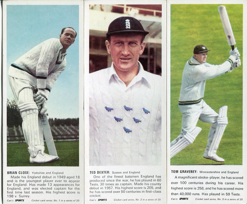 'Carrs Sports'. Cricket card series 1967. Full set of twenty colour cards with biography below