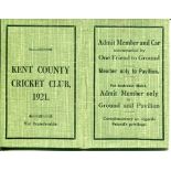 Kent C.C.C. 1921. Original club membership and fixture card in green cloth. VG. - cricket