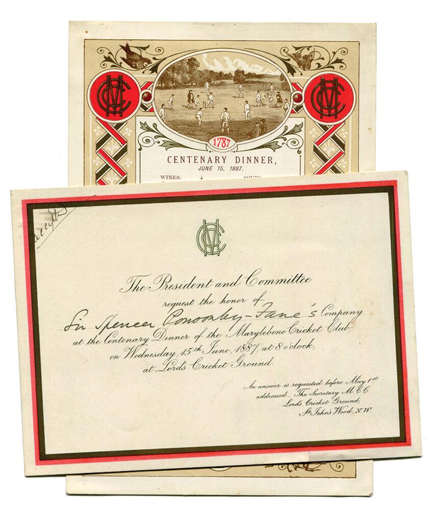 M.C.C. Centenary Dinner, 1887. Official invitation and menu for the dinner held at Lord's on 15th