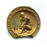 'After the Match'. Cricket buckle c1860s. Unusual circular brass coloured metal buckle depicting a