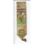 W.G. Grace. Silk bookmark with image of Grace batting with wicketkeeper and pavilion to