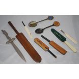 Cricket bats, knives and spoons. Interesting selection of five cricket bats, two knives and two